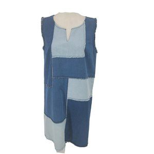 Nanette Lepore Denim Patchwork Sheath Dress Blue Sleeveless Raw Hem Medium